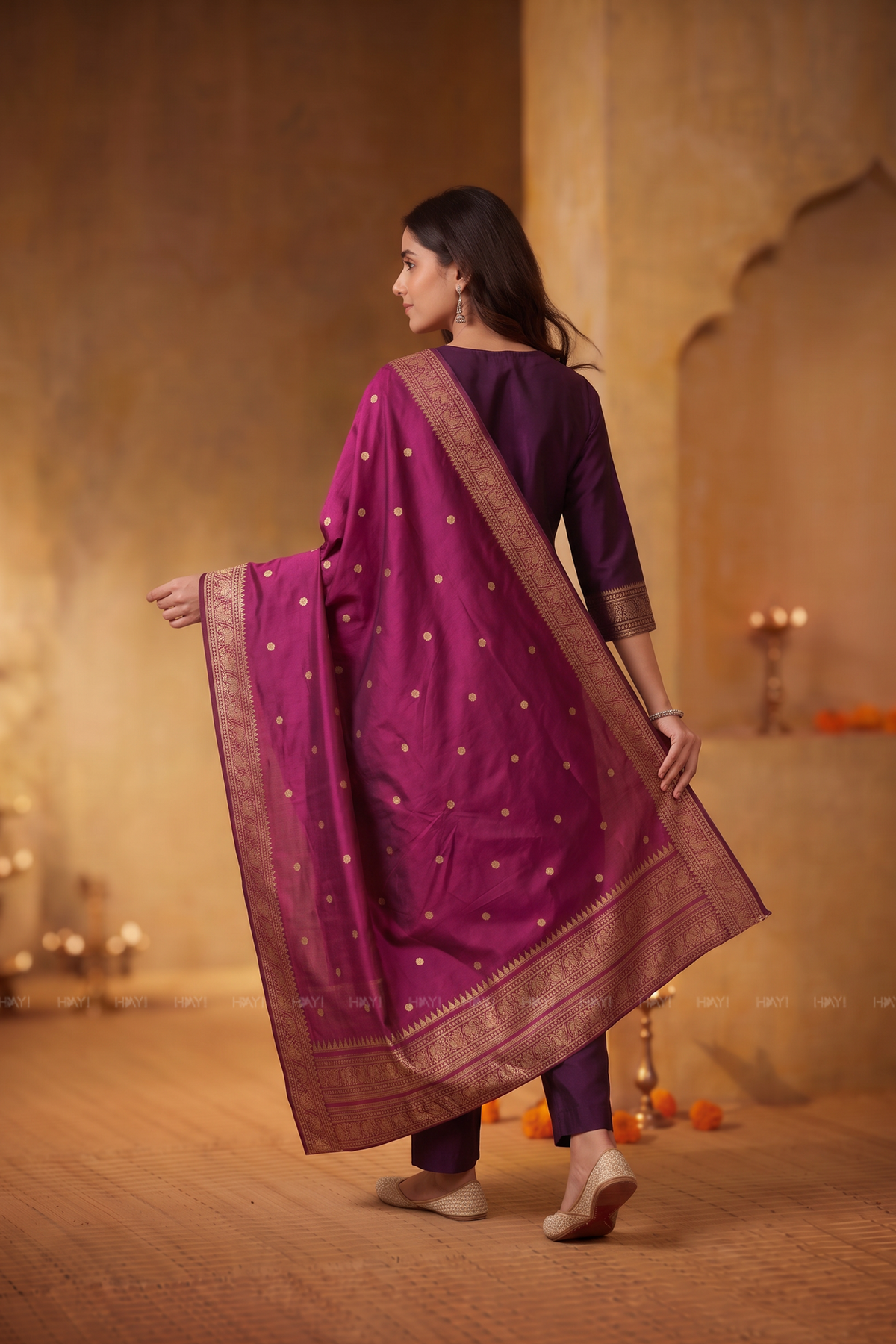 Royal Tapestry Purple Silk Blend 3-Piece Woven Kurta Set