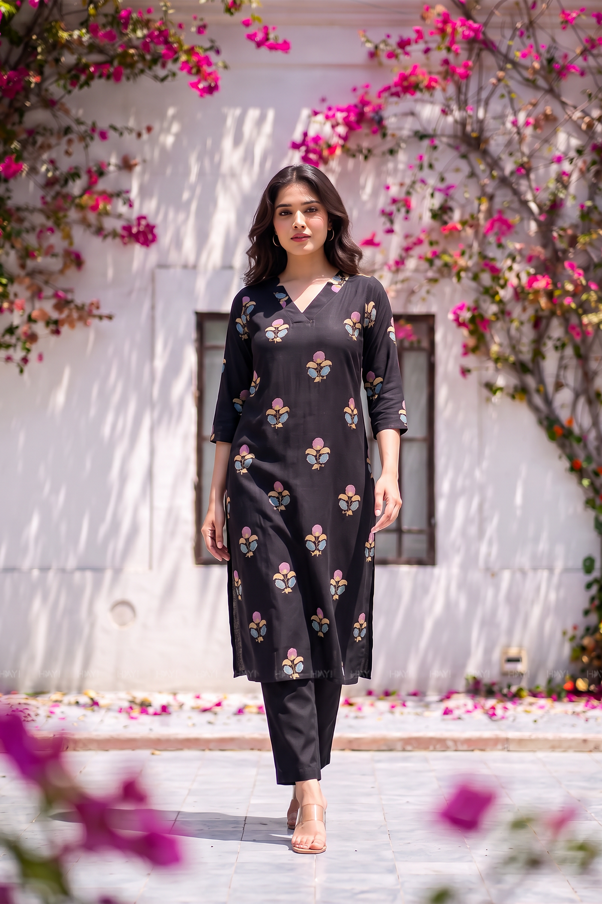 Floral Reverie Black Viscose Printed Kurta
