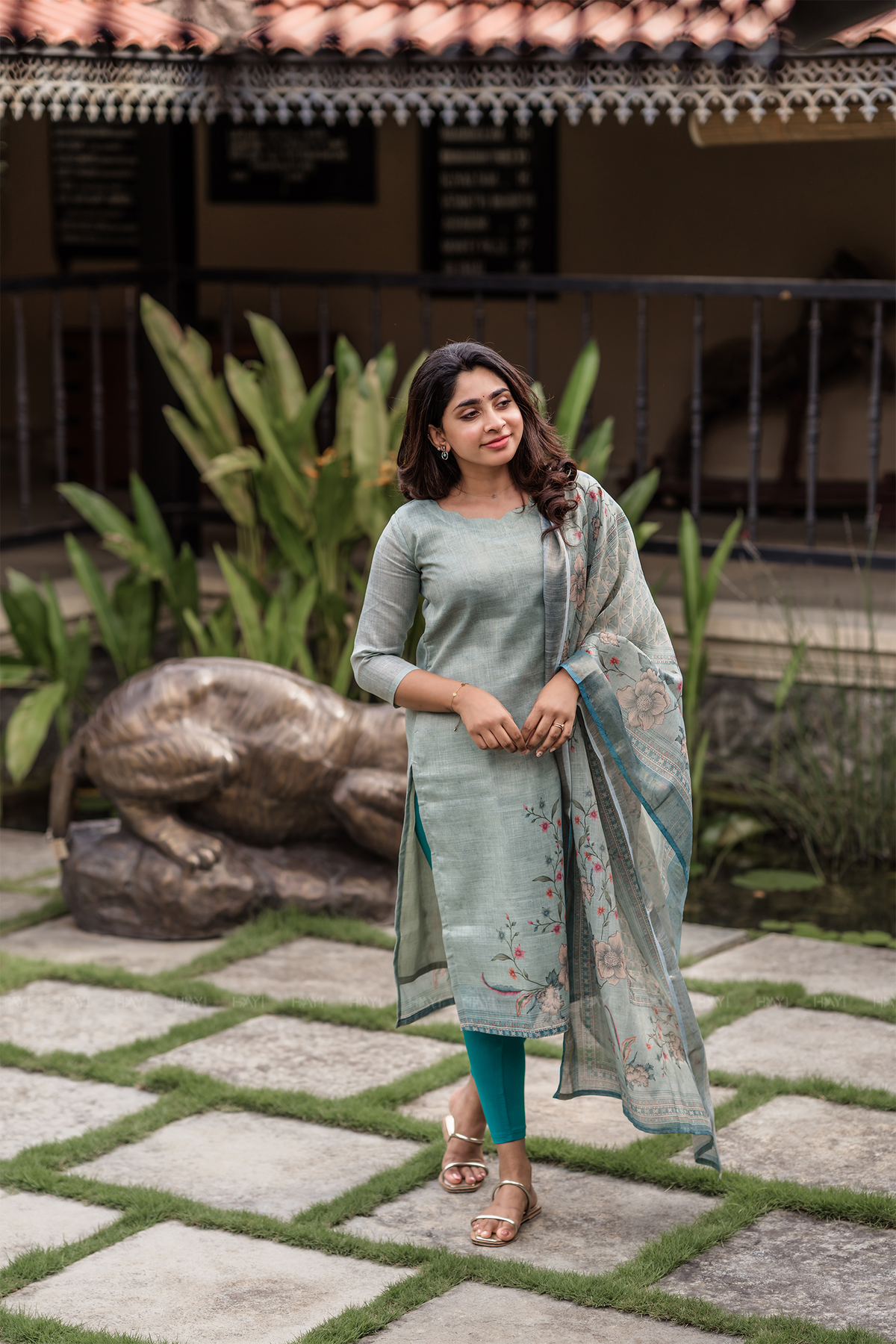 Tharisa Greyish Blue 3 Piece Shimmer Tissue Blend Placement Printed Kurta with Pant & Dupatta
