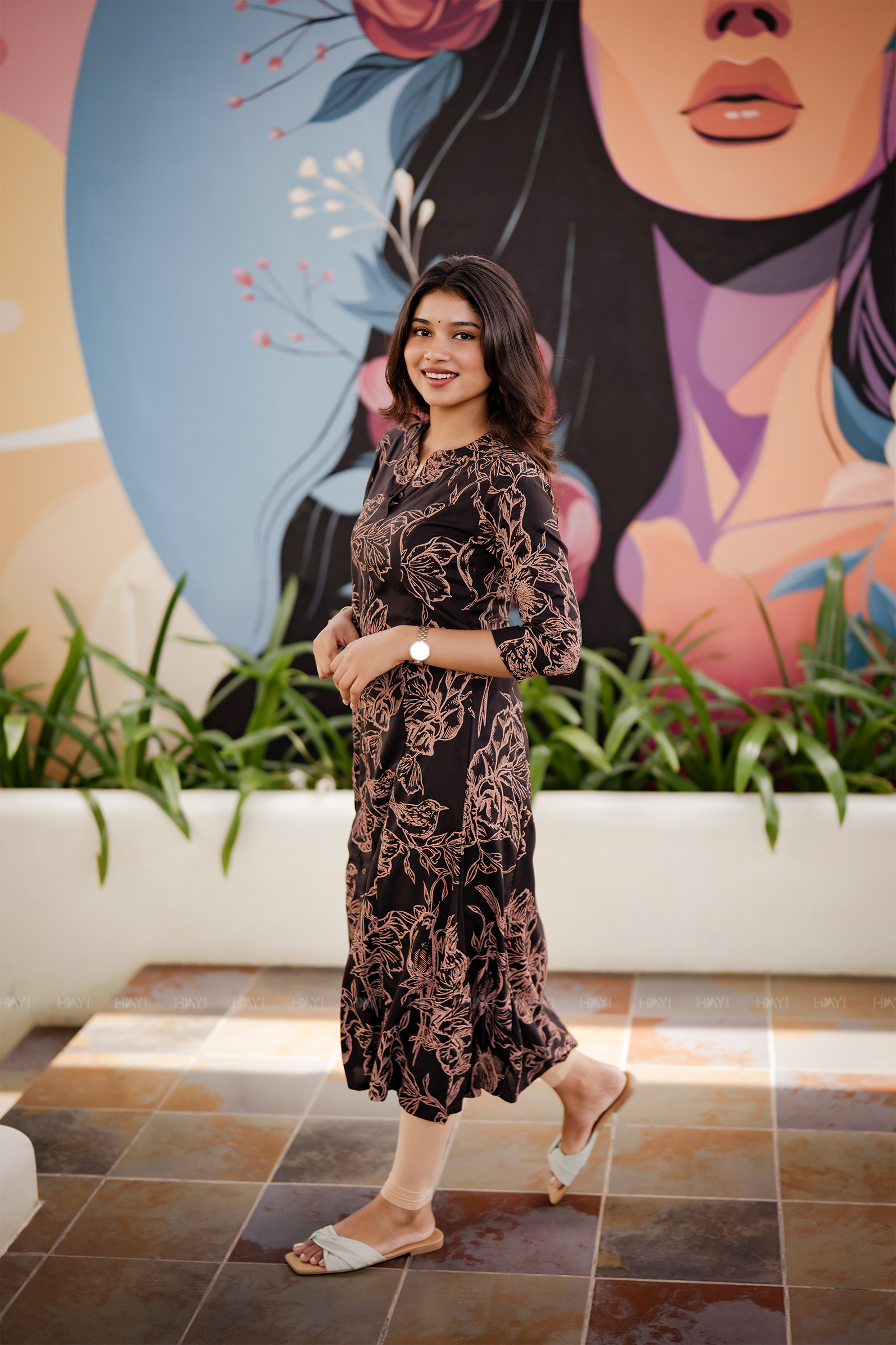 Cocoa Bloom Deep Brown Viscose Printed Noir Bloom A-Line Outfit