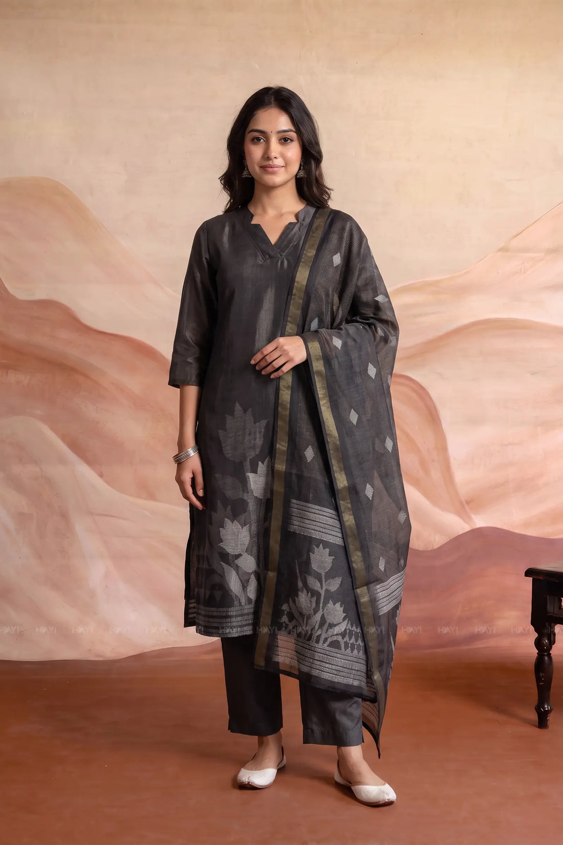 Celestial Drift Black Silk Blend 3-Piece Kurta Set with Dupatta