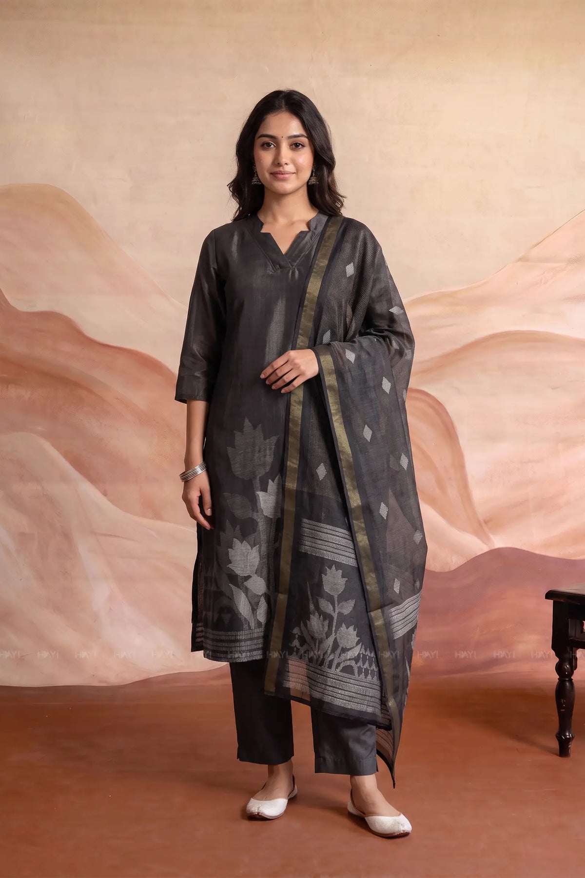 Celestial Drift Black Silk Blend 3-Piece Kurta Set with Dupatta