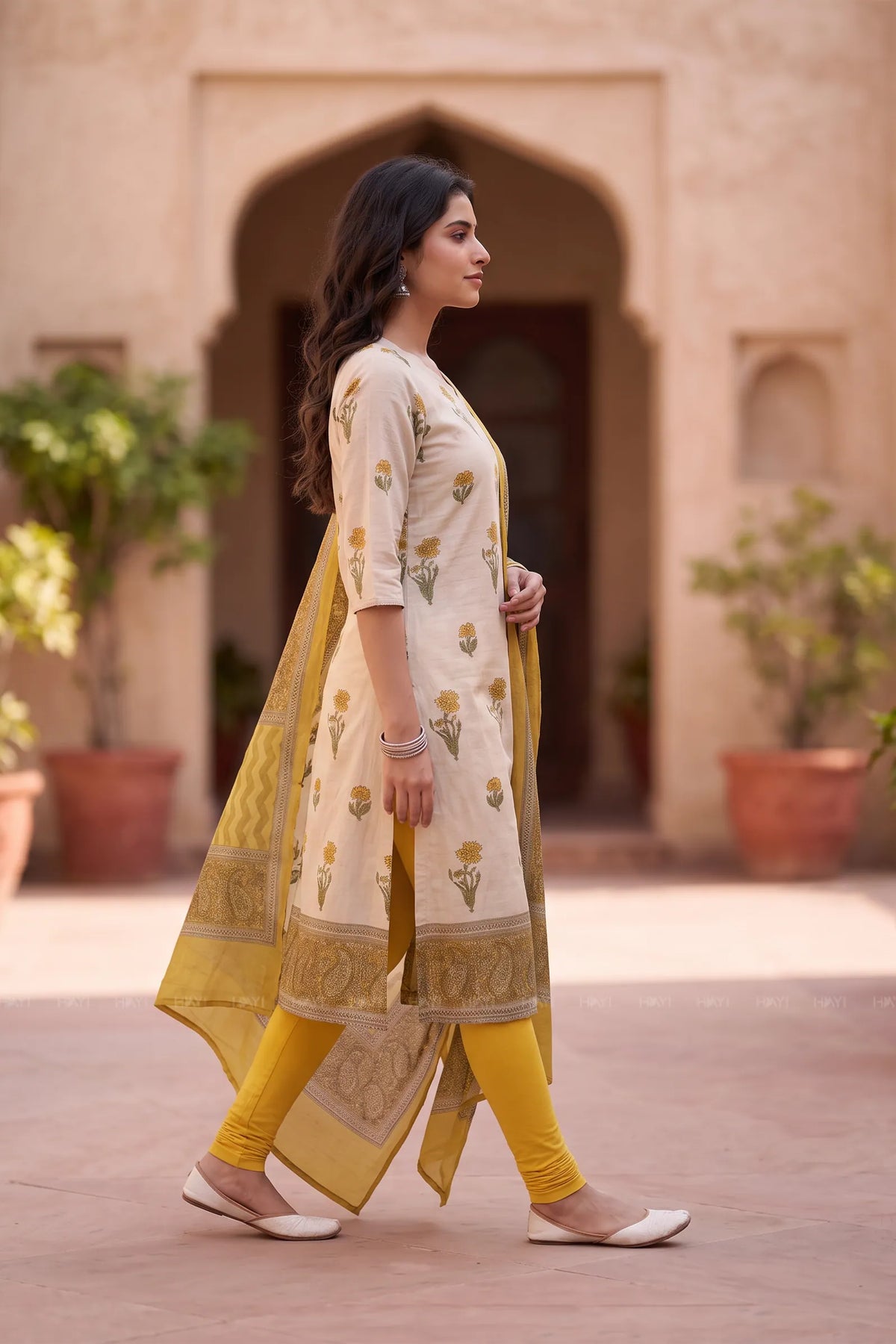Marigold Meadow Beige Tussar Silk Blend Floral Printed 3-Piece Kurta Set