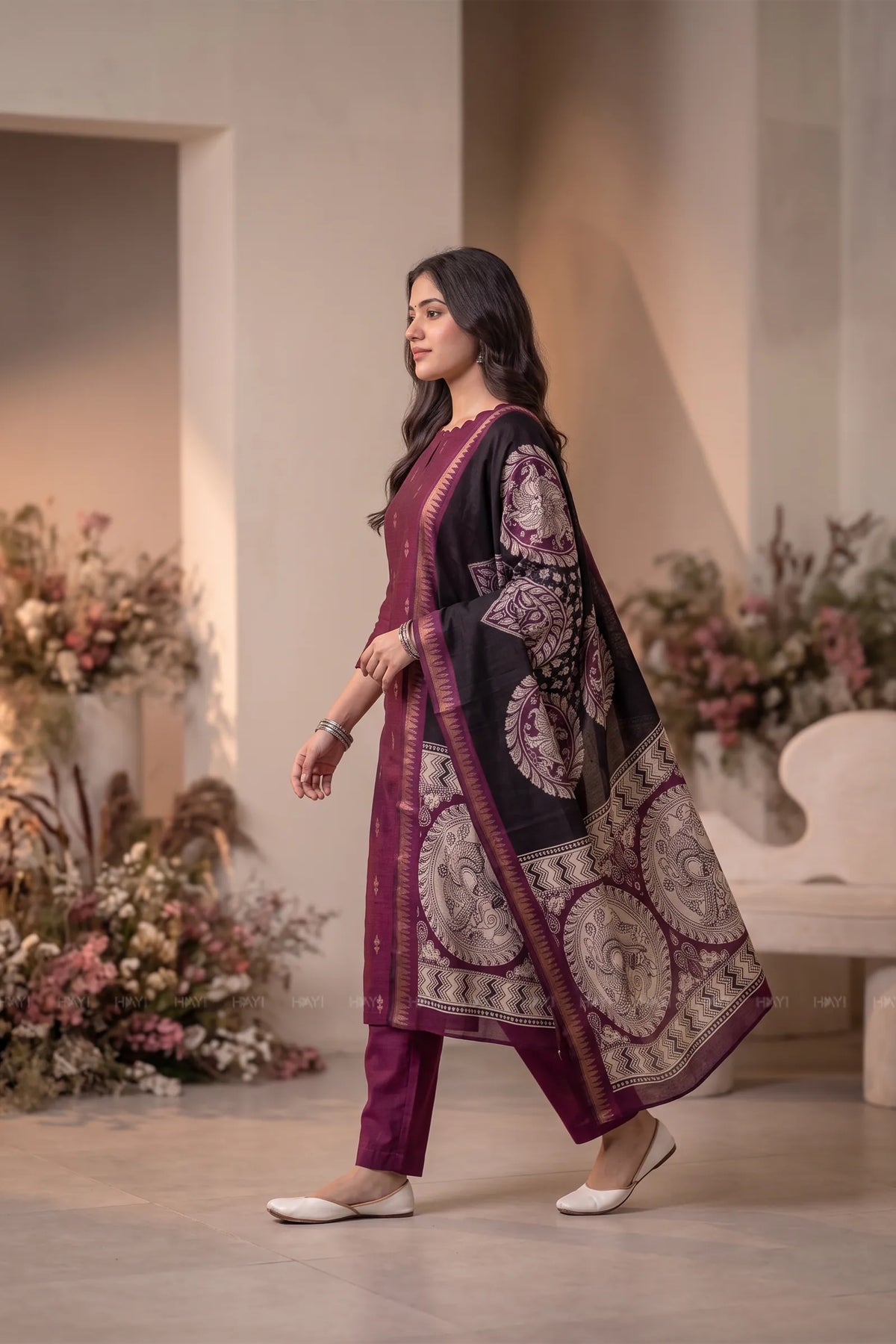 Gulabi Zari Magenta Silk Blend Handloom 3-Piece Kurta Set