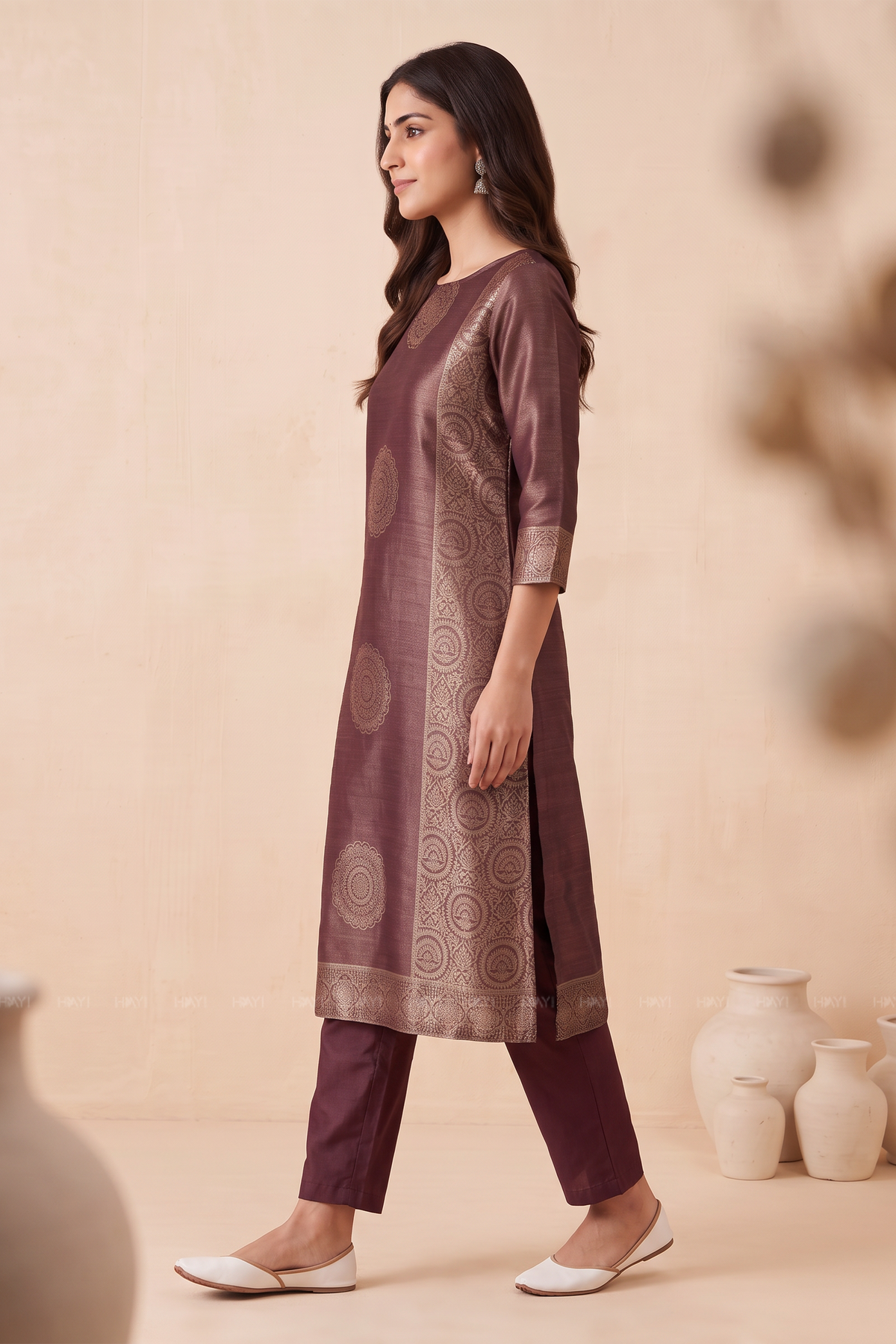 Zaribloom Maroon Silk Blend Jacquard 2-Piece Set