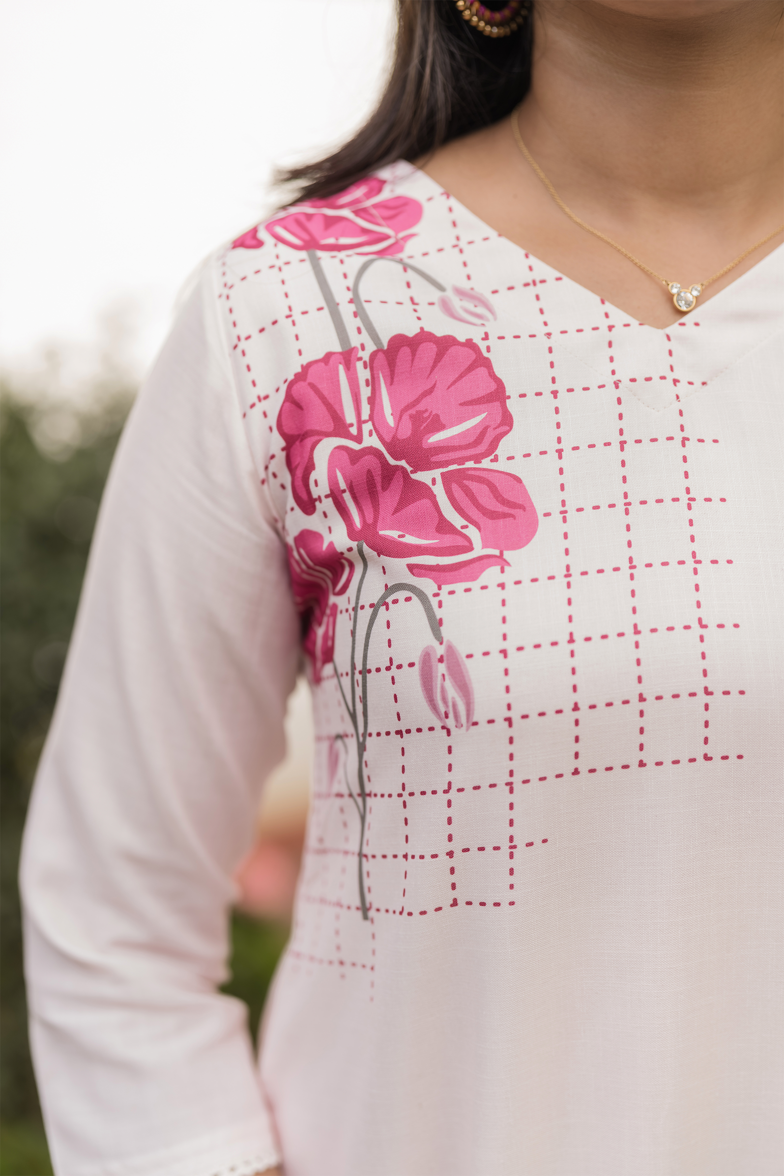 Rosecheck Path Beige Linen Blend Printed A-Line Dress