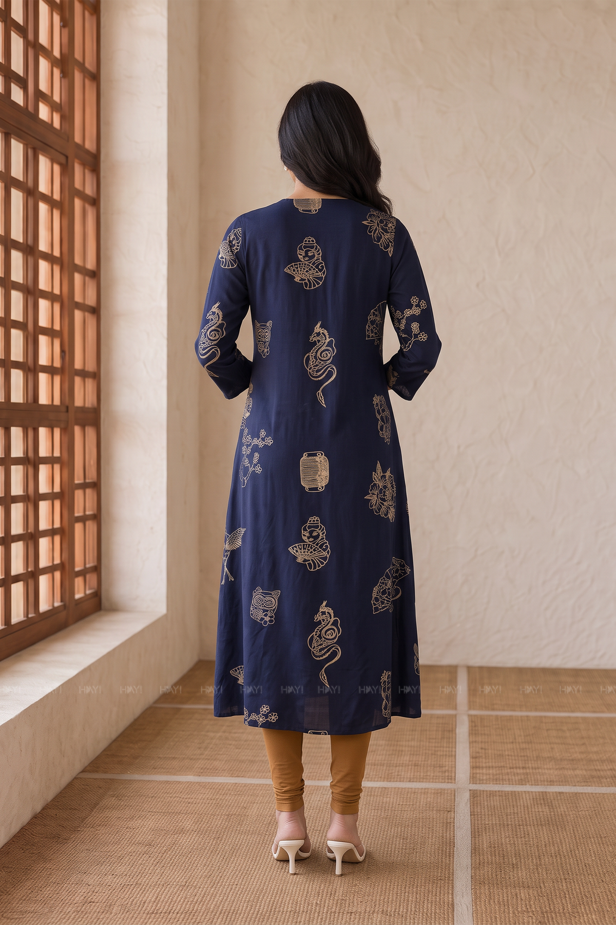 Midnight Crane Printed A-Line Kurta