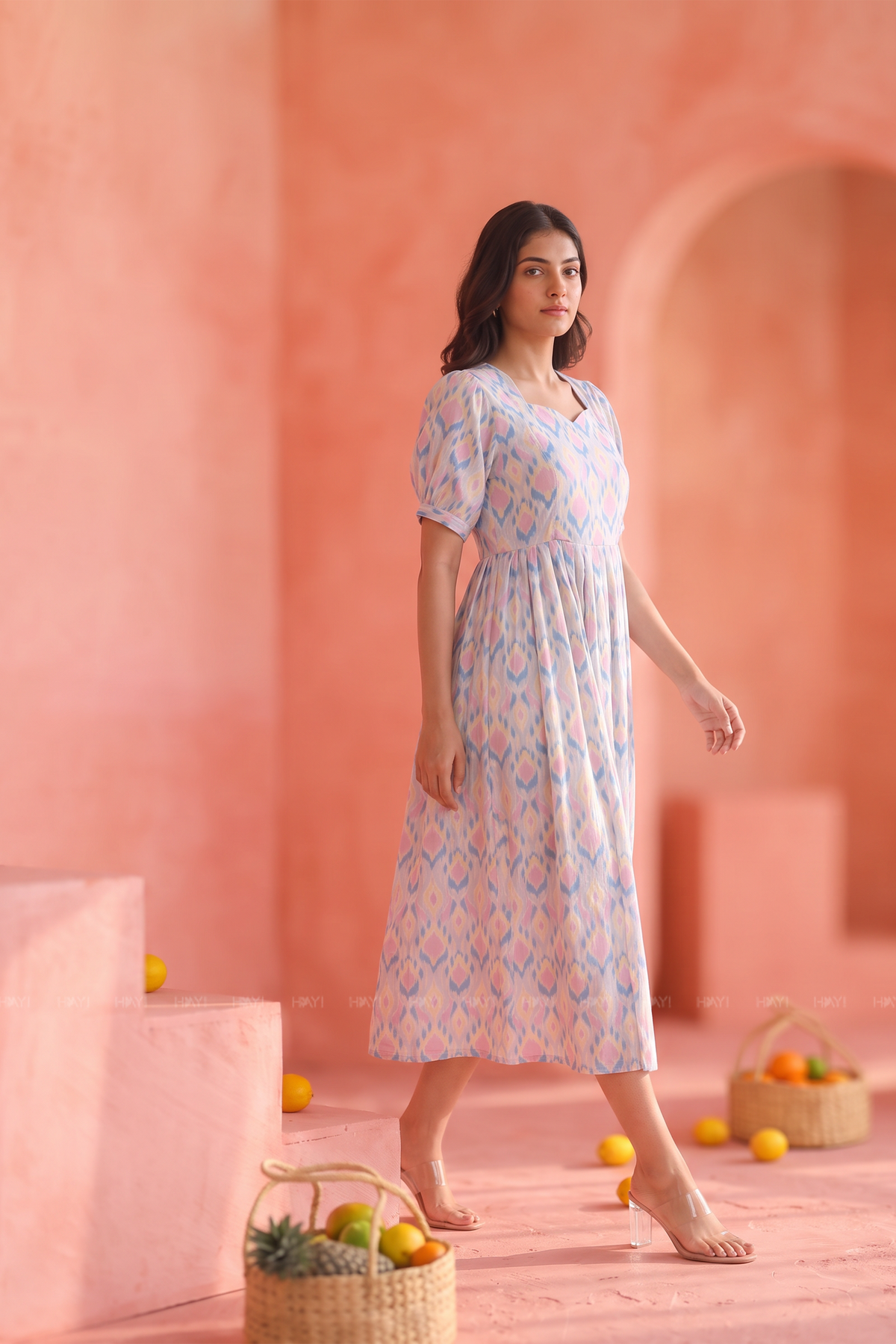 Ikat Mirage Blue Cotton Blend Maternity Dress