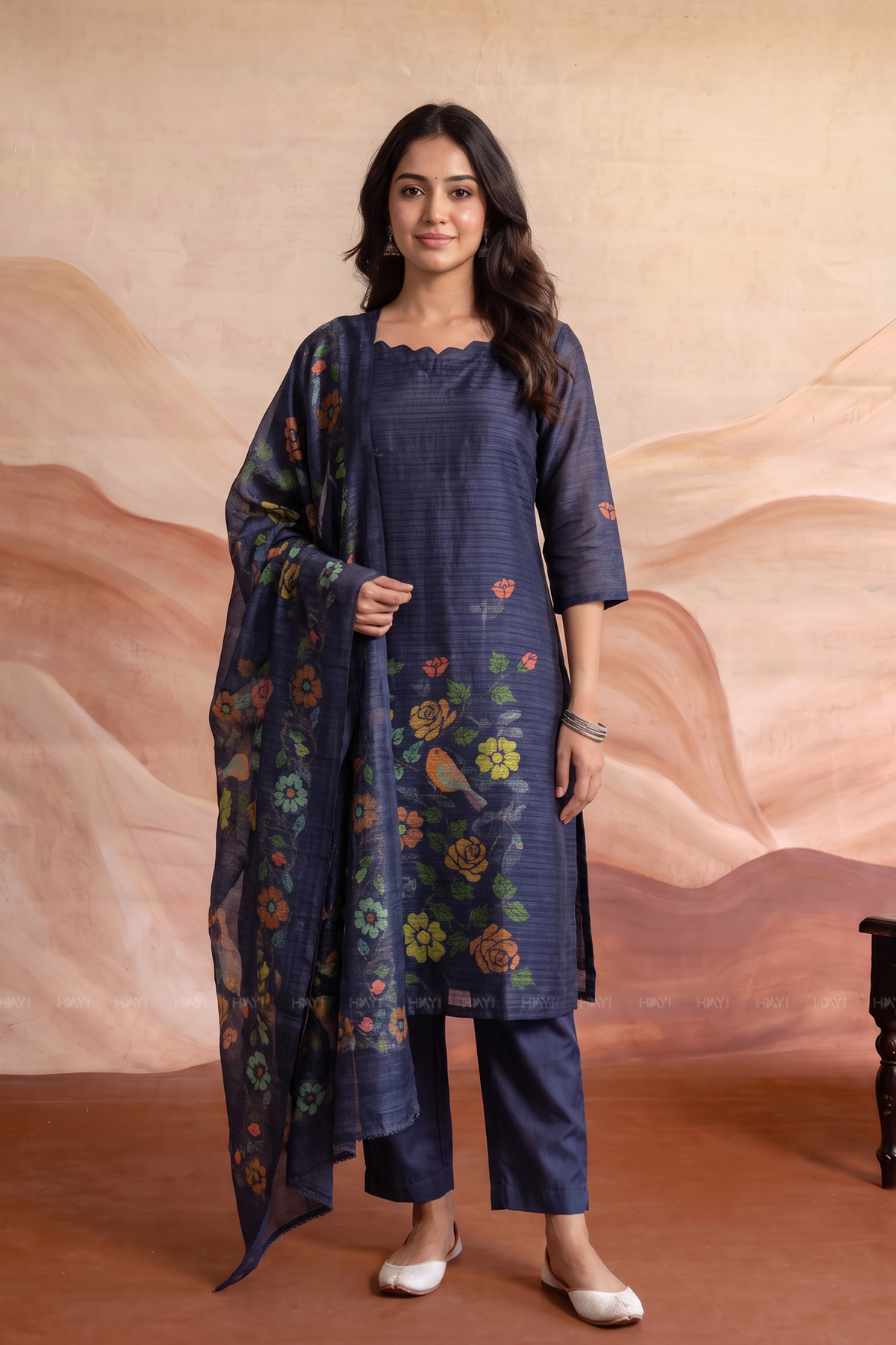 Bird Botanica Blue Tussar Silk Blend Floral Printed 3-Piece Kurta Set with Dupatta