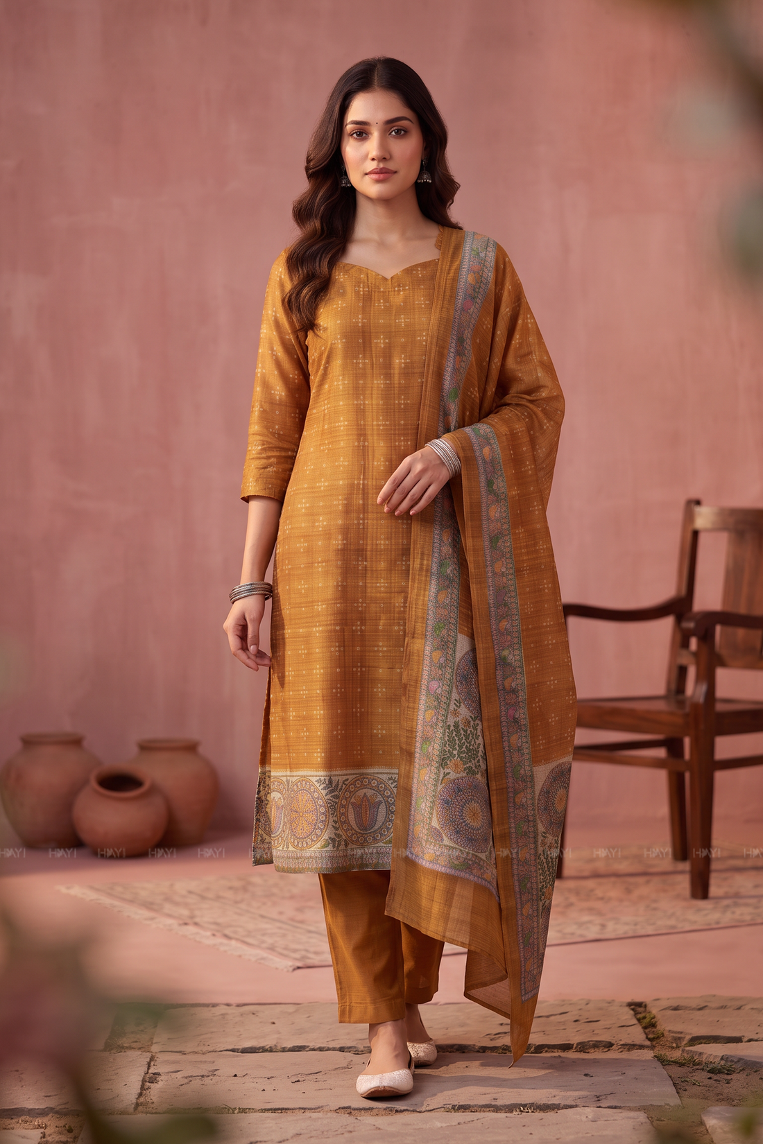 Earthy Grace Mustard Silk Blend Printed 3-Piece Kurta Set
