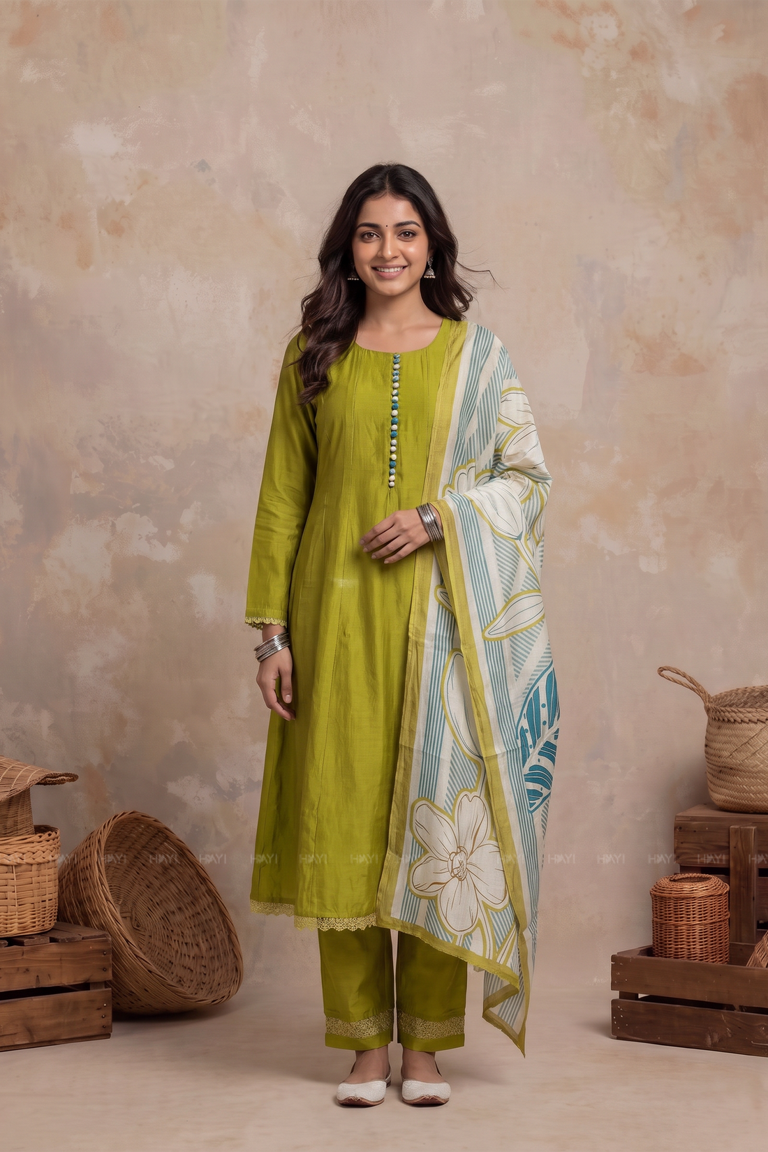 Azure Mosaic Green Silk Blend Printed 3-Piece Kurta Set
