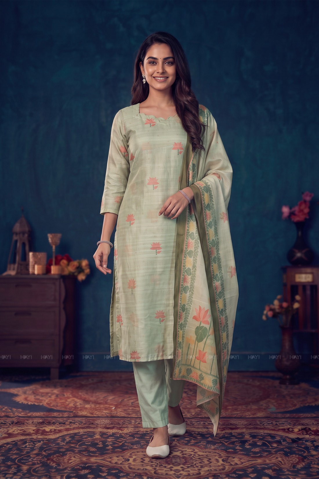 Petal Breeze Green Tussar Silk Blend 3-Piece Printed Kurta Set