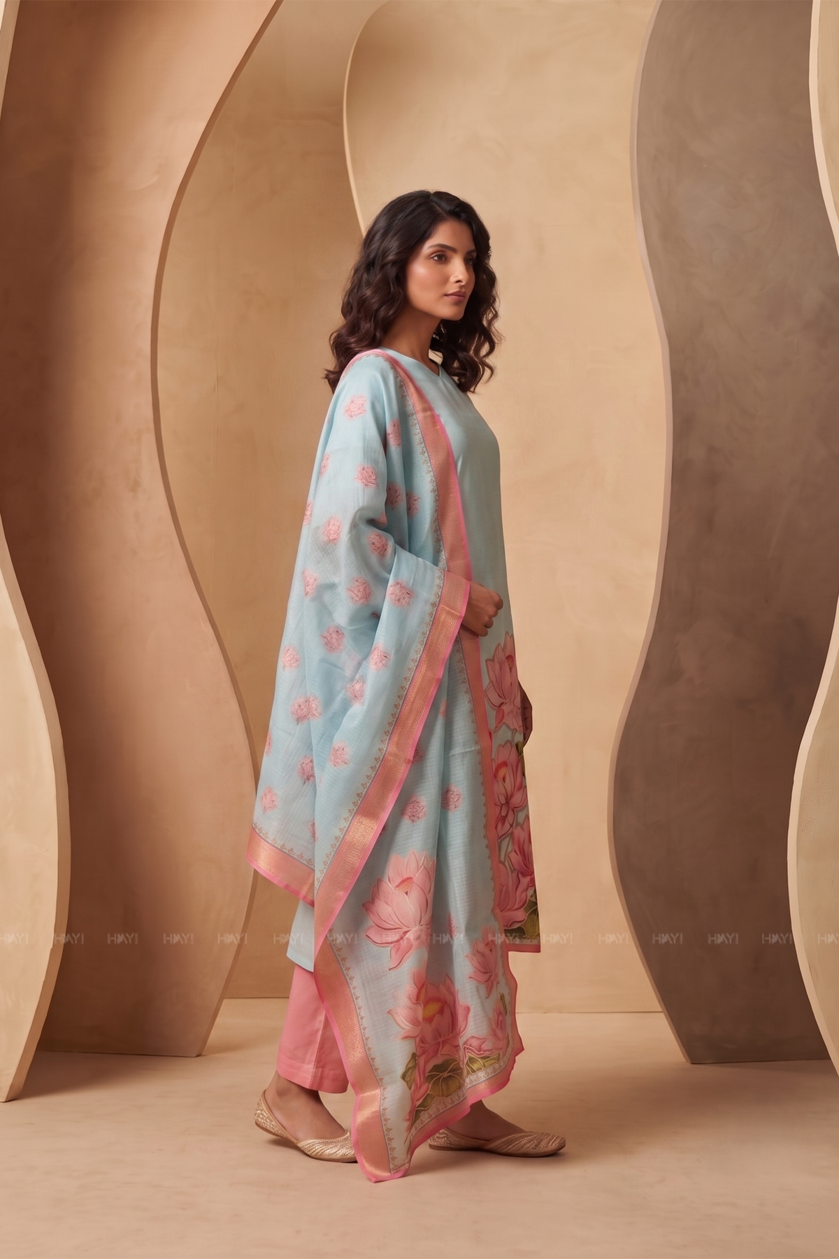 Lotus Mist Blue Printed 3 Piece Shimmer Tissue Kurti Set with Dupatta