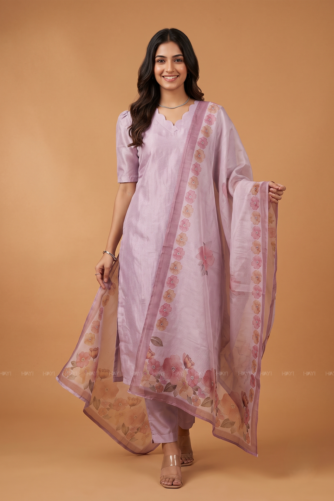 Lilac Blossom 3 Piece Crush Silk Blend Hand-Embroidered Kurta with Pant & Dupatta