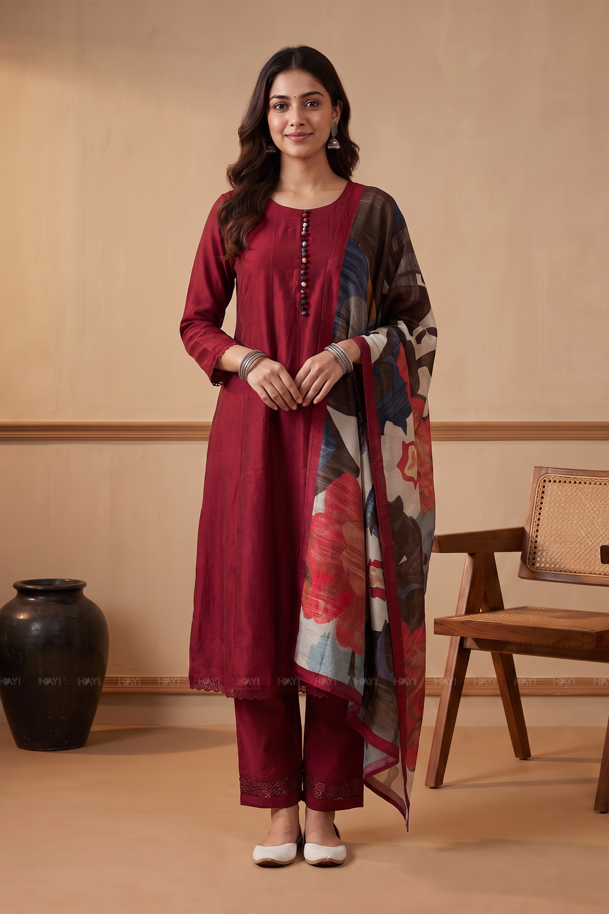 Berry Cascade Red Silk Blend Printed 3-Piece Kurta Set