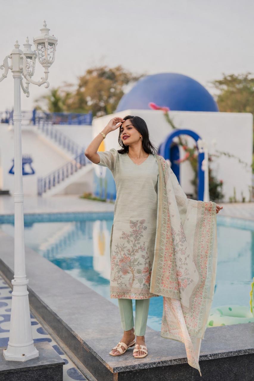 Haryeeka Printed 3 Piece Linen Shimmer Kurta Set with Dupatta