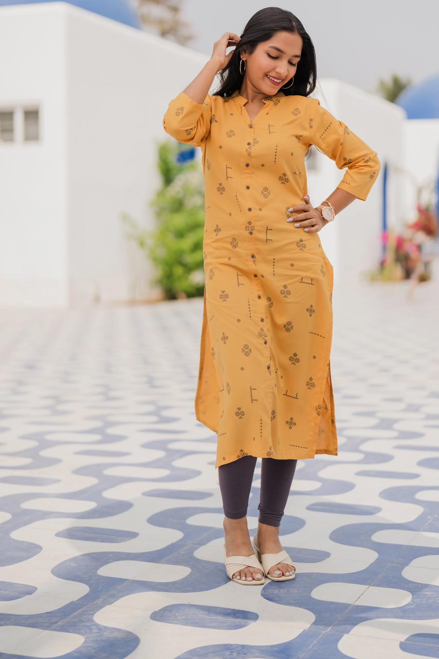 Terra Stitch Yellow Viscose Kurta with Chinese Collar & 3/4 Sleeves