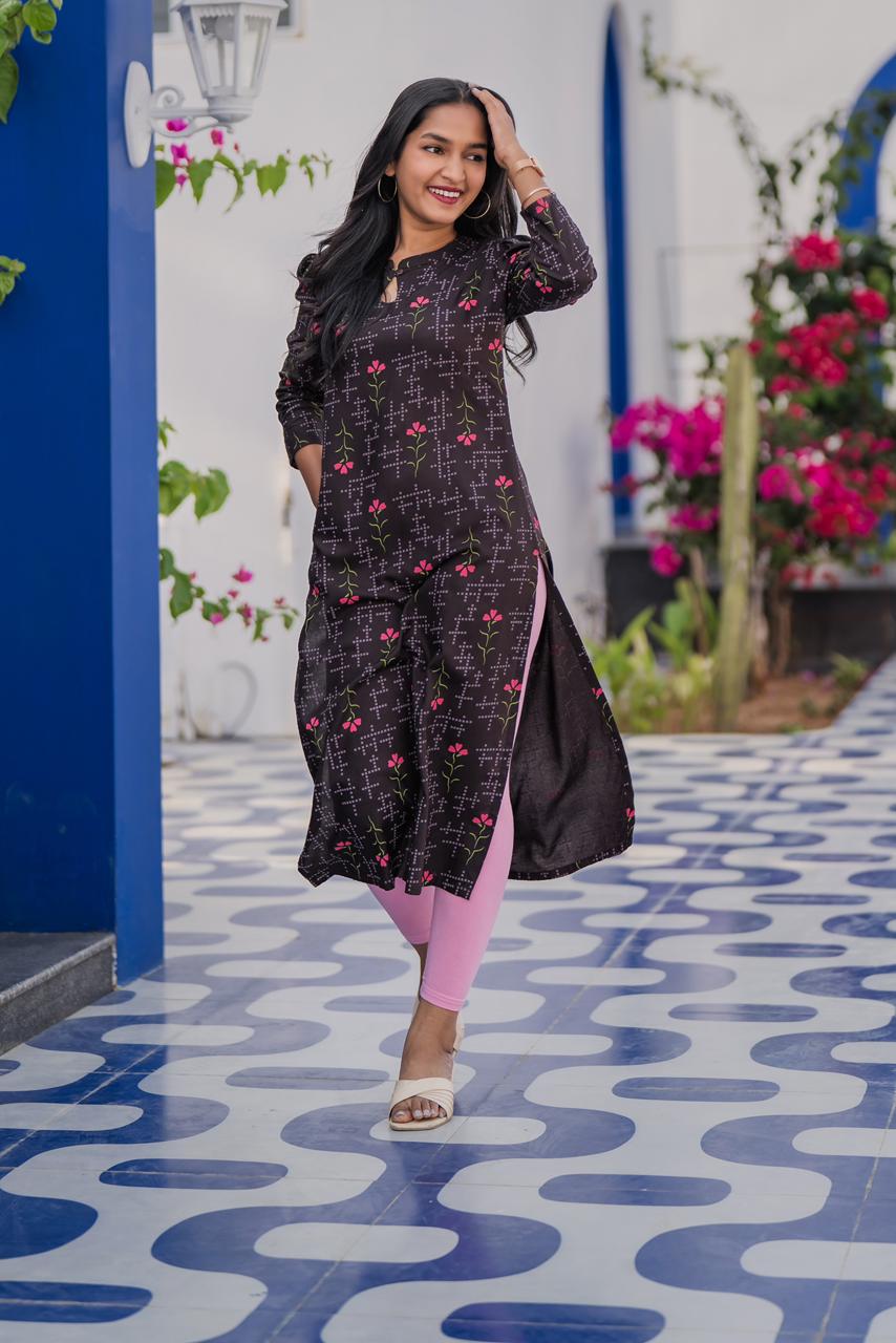 Duskmarch Floral Brown Viscose Kurta with Chinese Collar & light puff sleeve