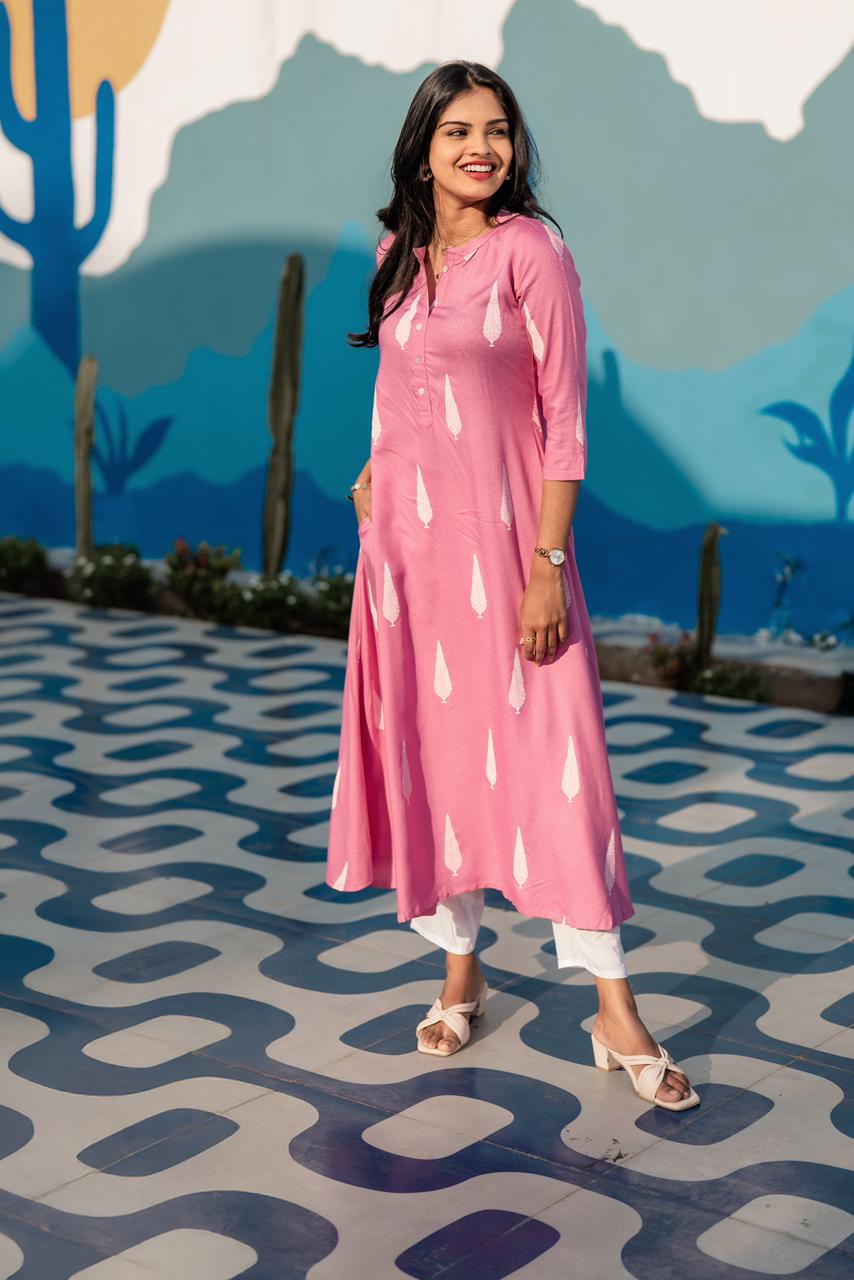 Blush Fern Onion Pink Viscose A-Line Kurta with Chinese Collar & 3/4th Sleeves
