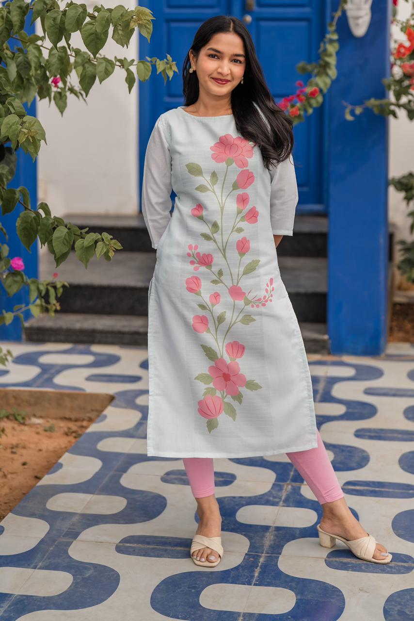 Floral Trail Blue Viscose Kurta with Boat Neck & 3/4 Sleeves