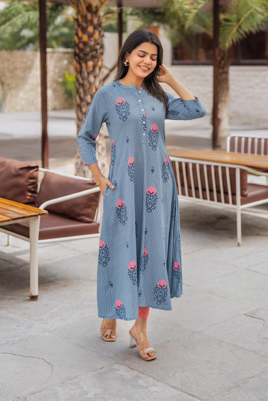 Bloomtrace Greyish Blue Viscose A-Line Kurta with Chinese Collar Neck & 3/4th Sleeves