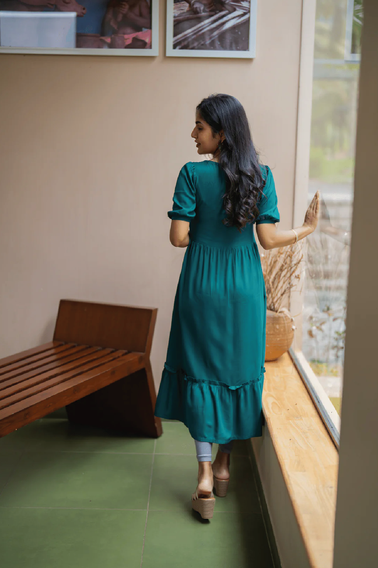 Deep Teal Falcon Trail Viscose Embroidery Dress