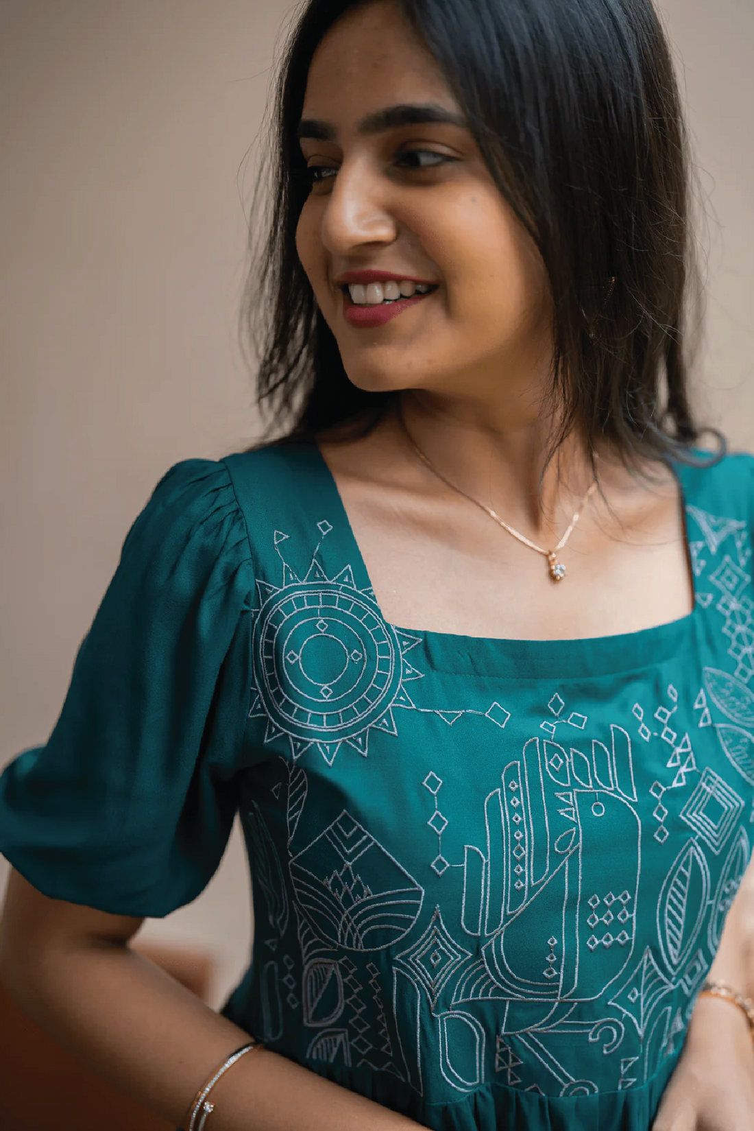 Deep Teal Falcon Trail Viscose Embroidery Dress