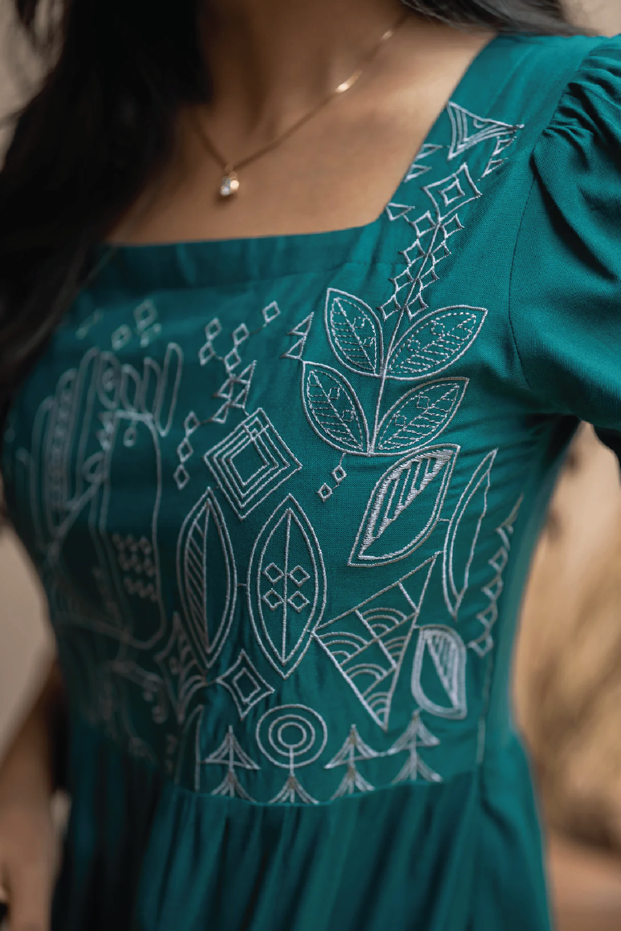 Deep Teal Falcon Trail Viscose Embroidery Dress