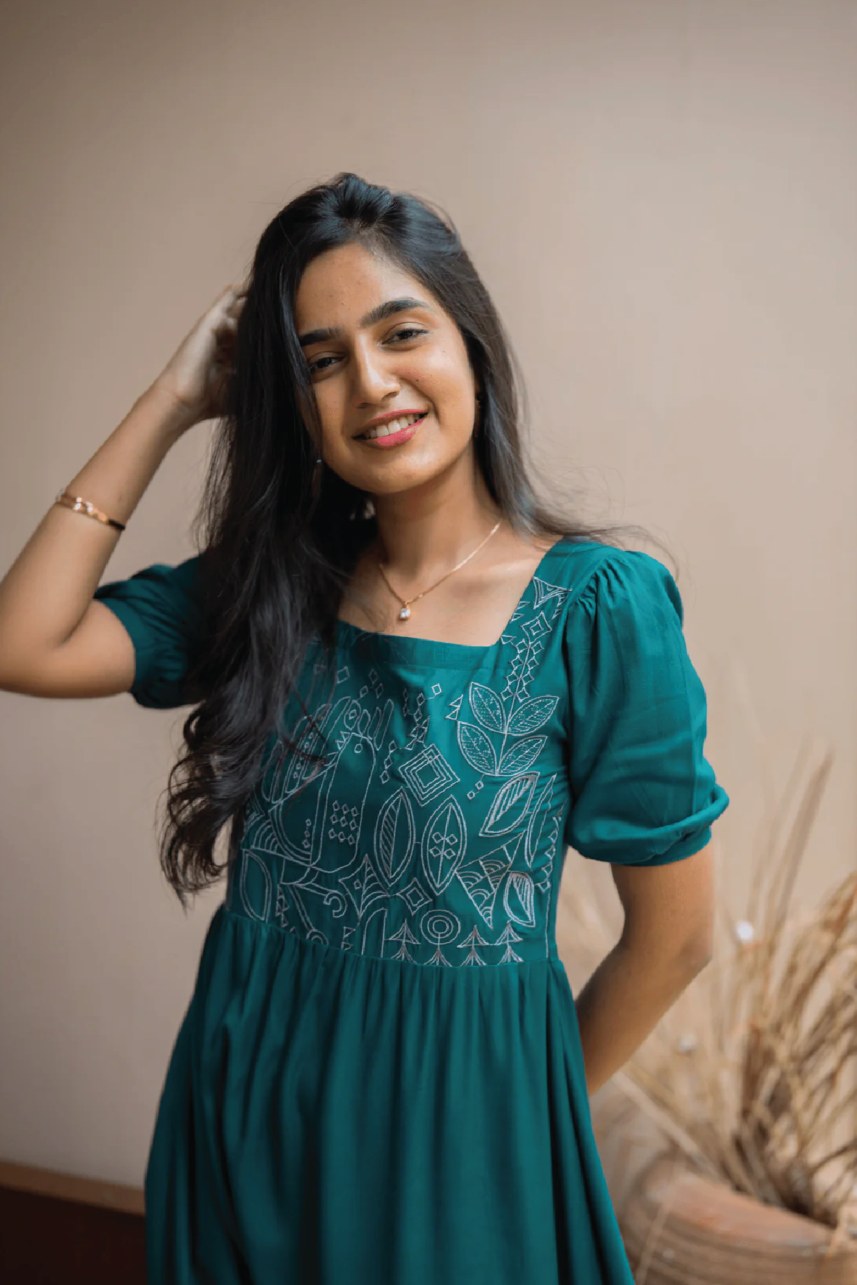 Deep Teal Falcon Trail Viscose Embroidery Dress