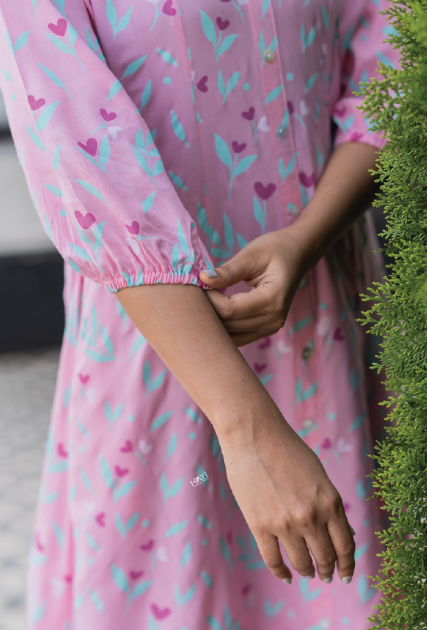 Garden of Hearts Pink Printed Maternity wear and feeding dress