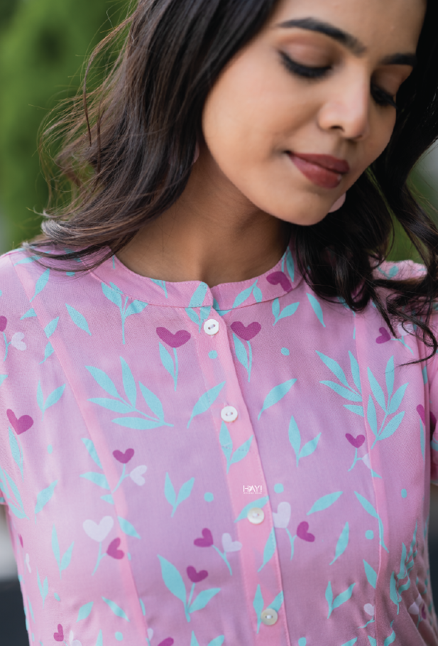 Garden of Hearts Pink Printed Maternity wear and feeding dress