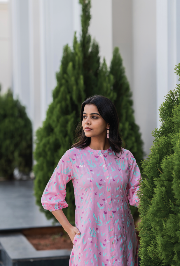 Garden of Hearts Pink Printed Maternity wear and feeding dress