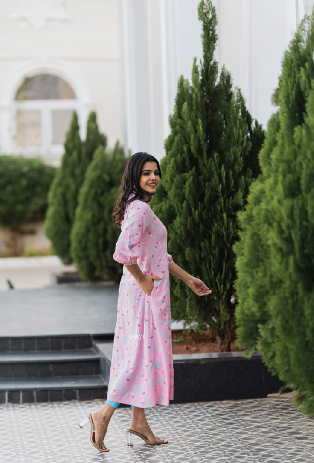 Garden of Hearts Pink Printed Maternity wear and feeding dress