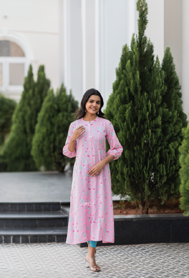 Garden of Hearts Pink Printed Maternity wear and feeding dress