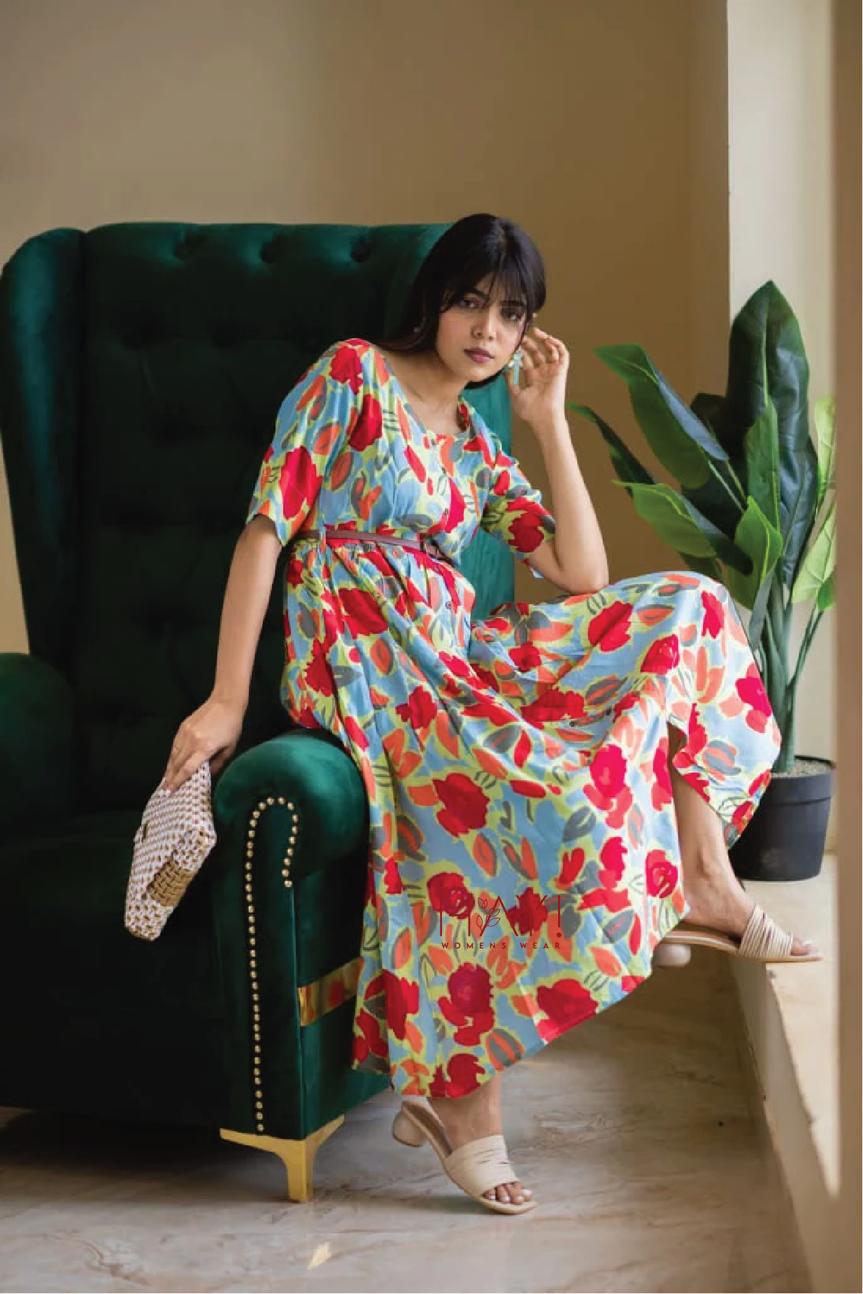 Green Hand-Drawn Florals Viscose Printed Dress