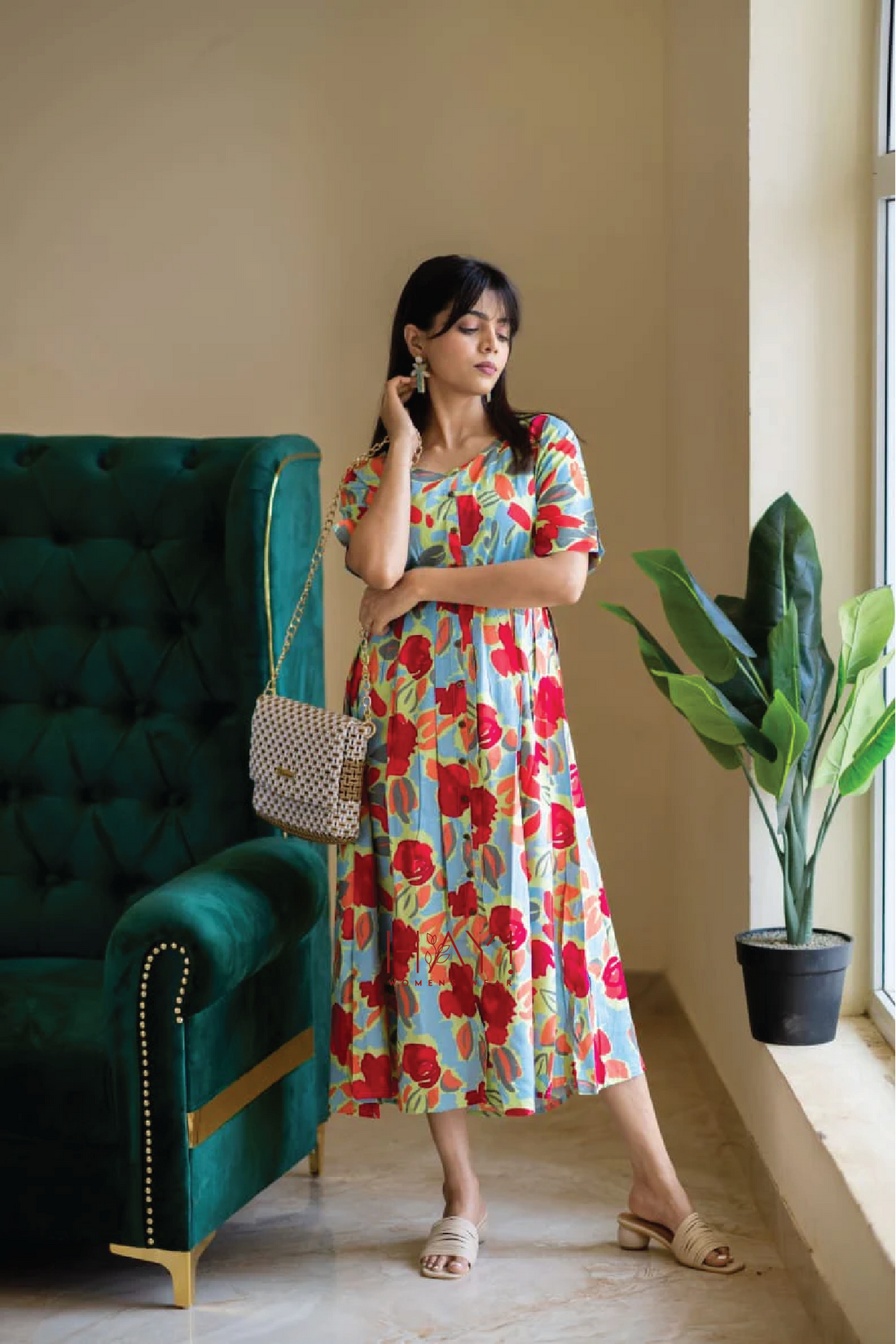 Green Hand-Drawn Florals Viscose Printed Dress