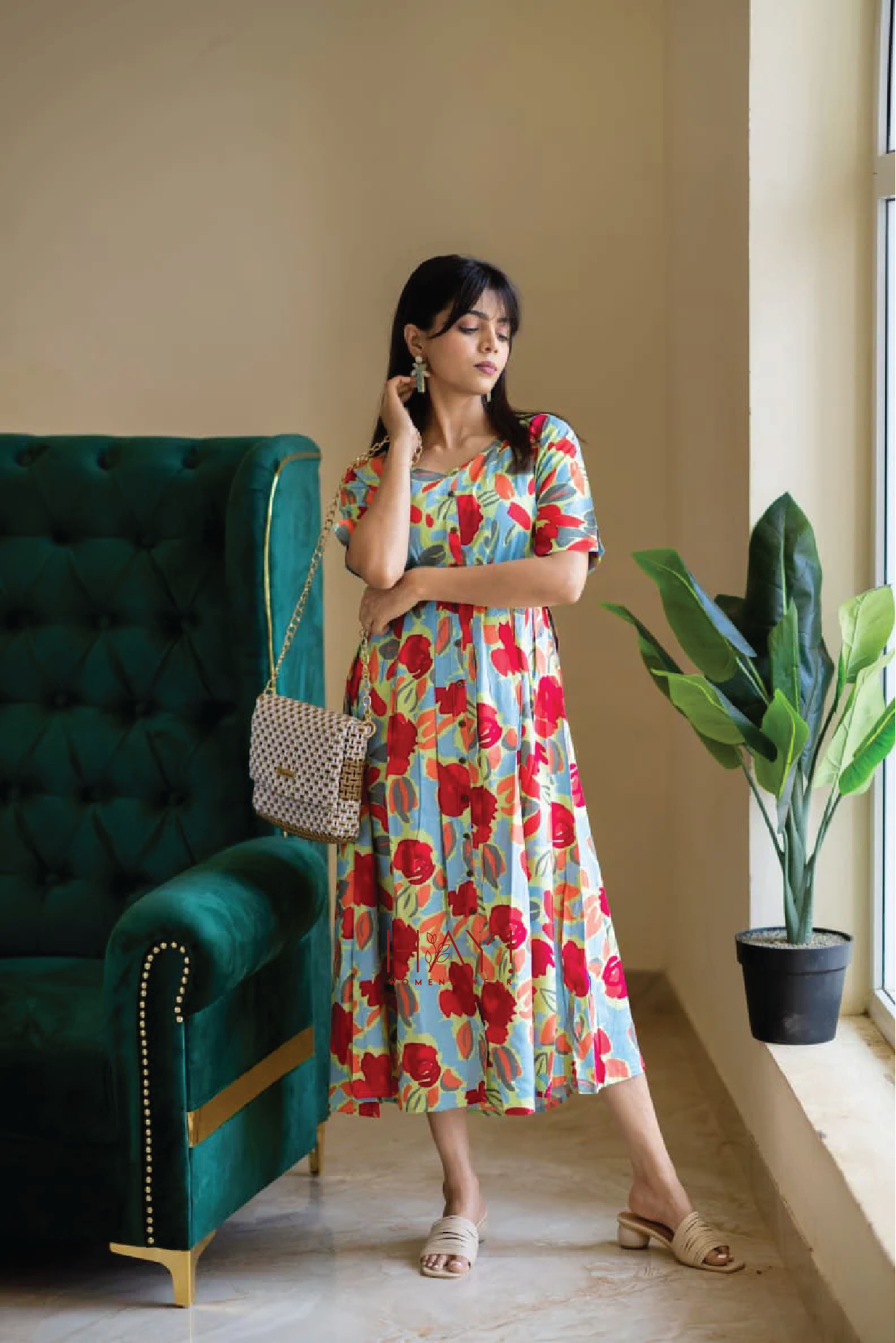 Green Hand-Drawn Florals Viscose Printed Dress