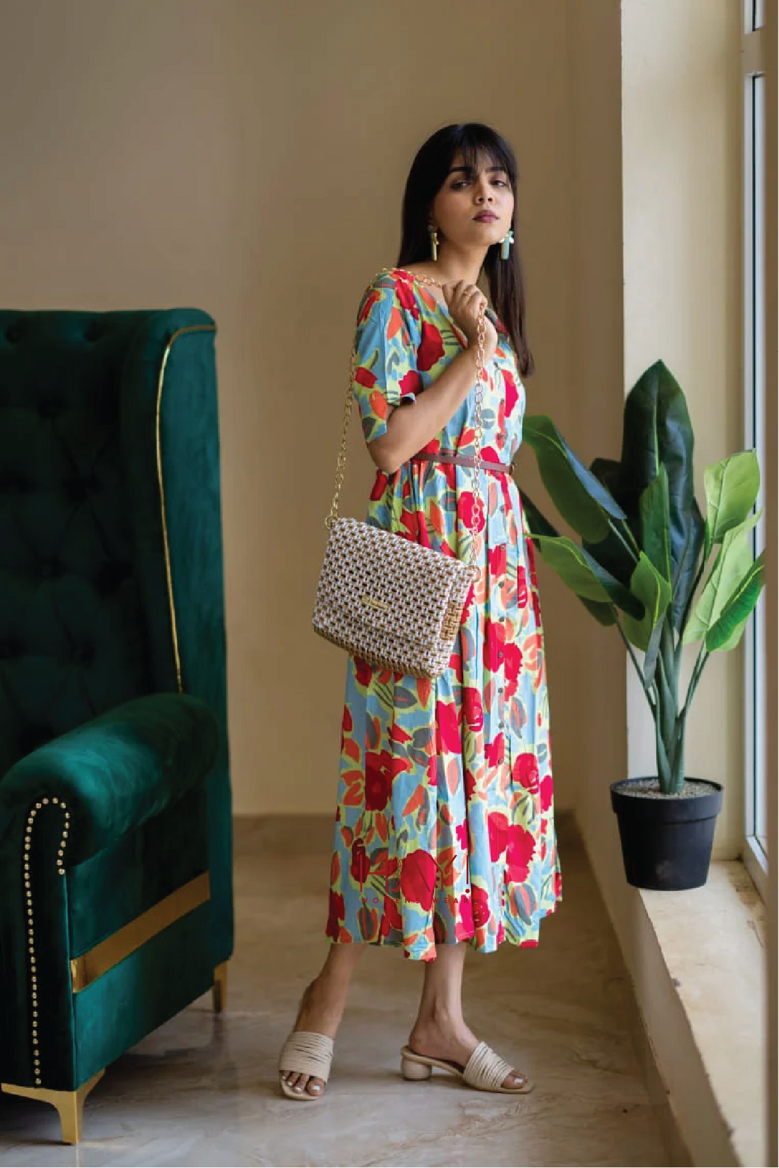 Green Hand-Drawn Florals Viscose Printed Dress