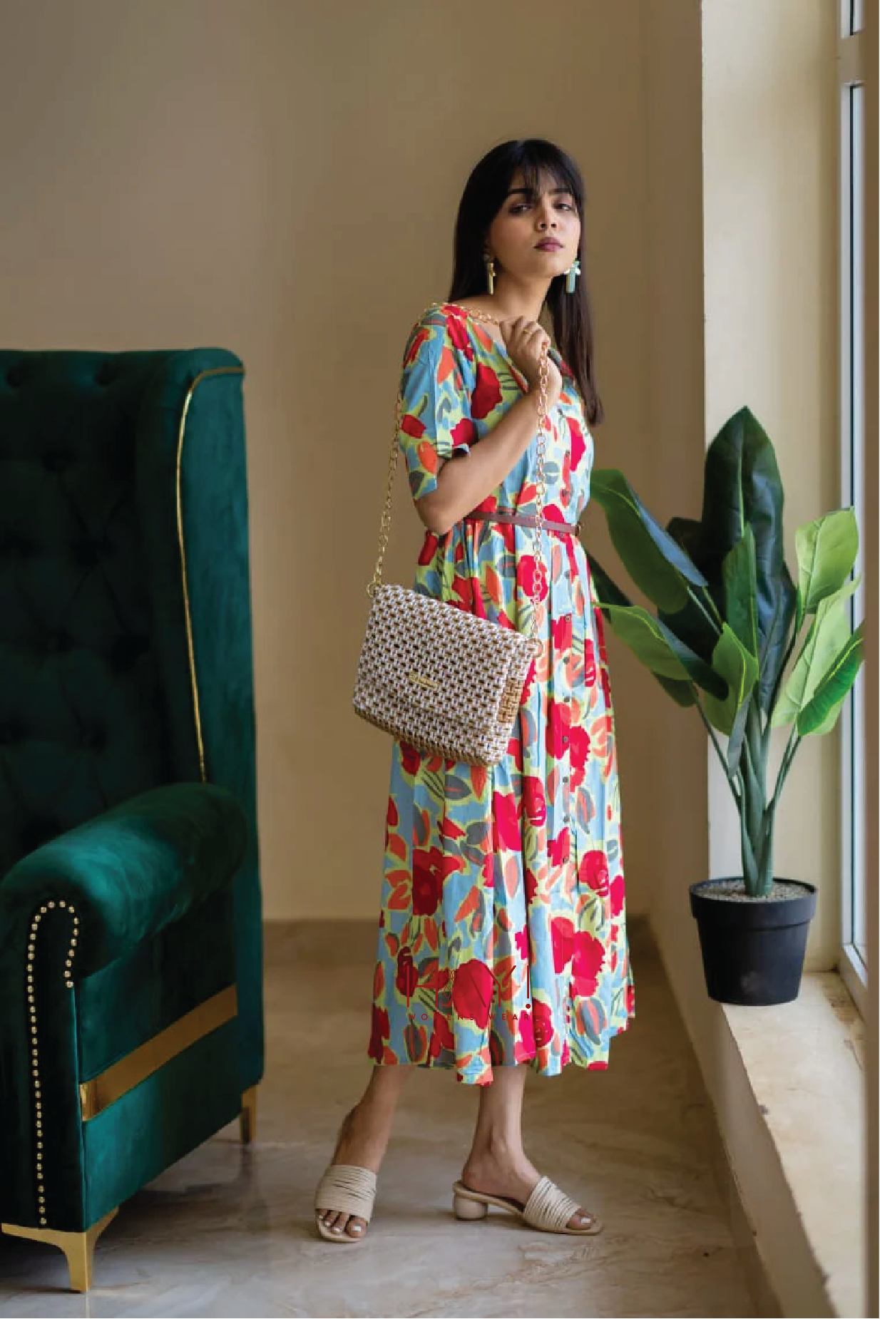 Green Hand-Drawn Florals Viscose Printed Dress