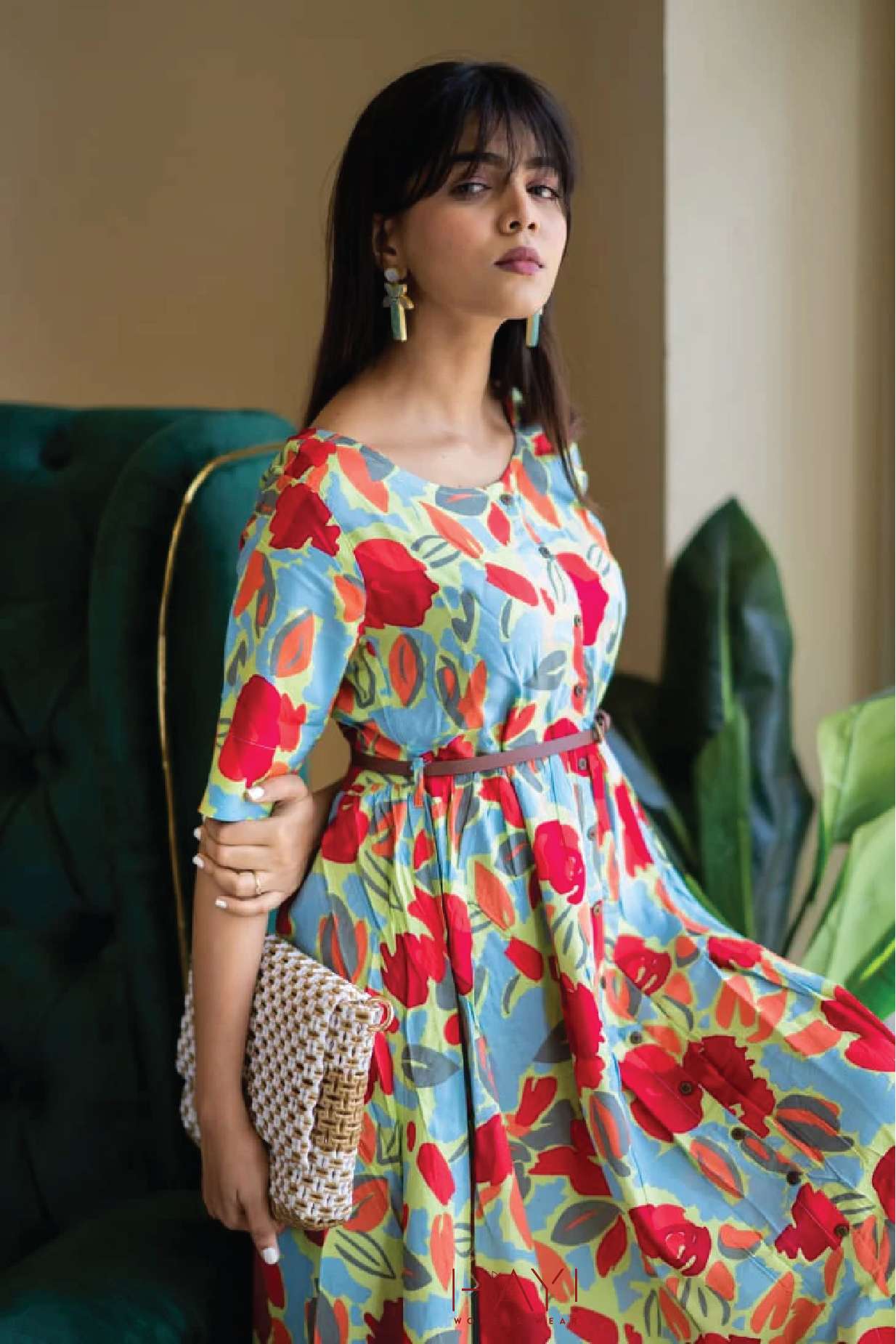 Green Hand-Drawn Florals Viscose Printed Dress