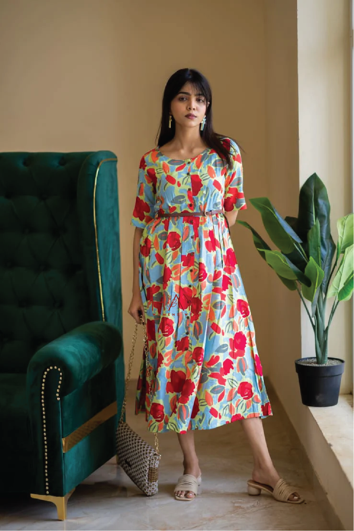 Green Hand-Drawn Florals Viscose Printed Dress