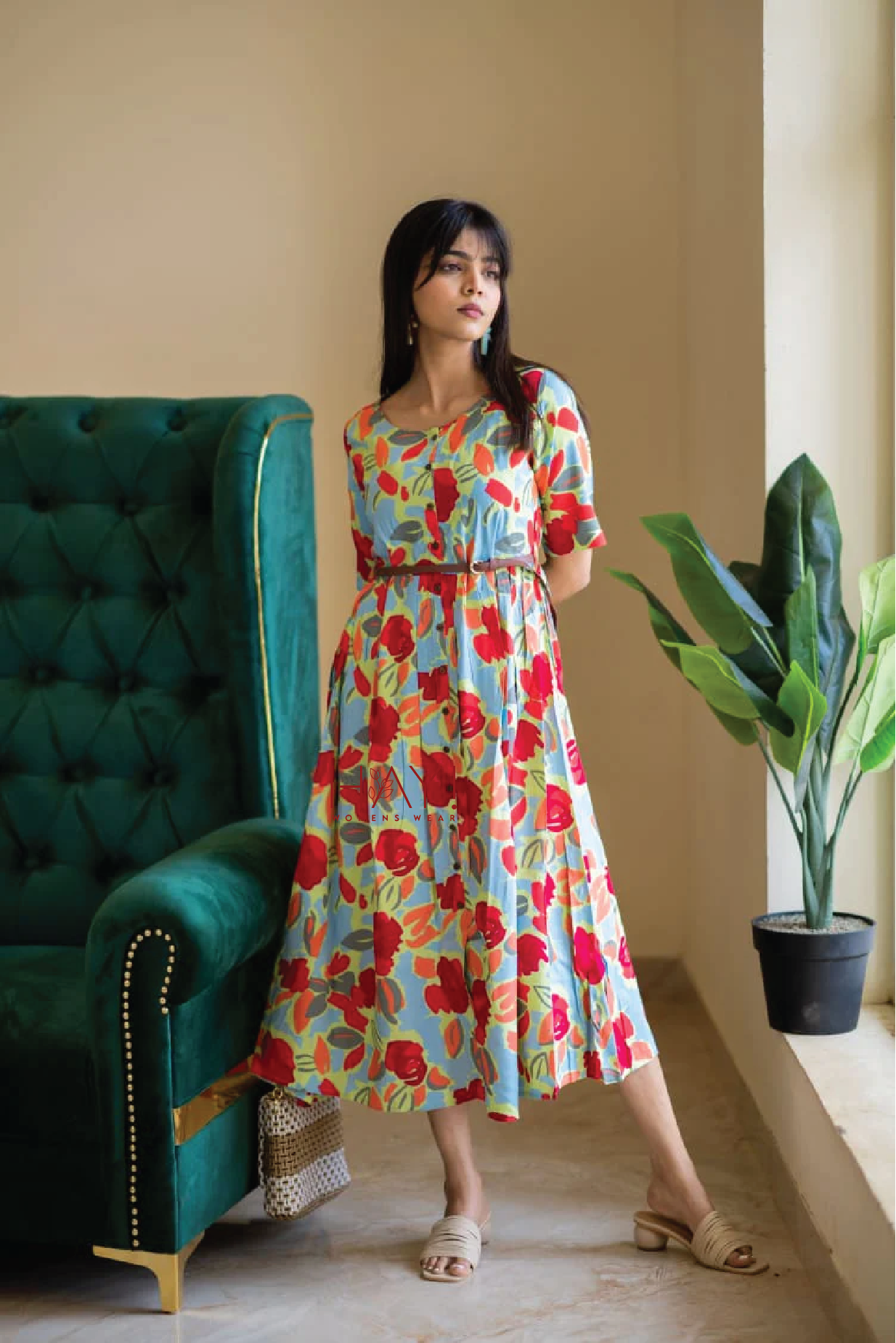 Green Hand-Drawn Florals Viscose Printed Dress