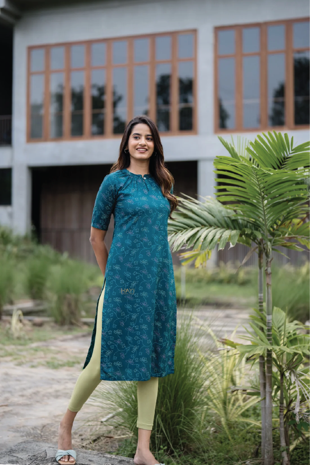 Teal Lotus and Blossom Viscose Printed Kurta