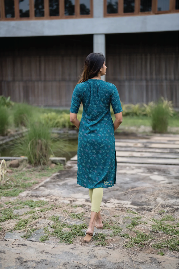 Teal Lotus and Blossom Viscose Printed Kurta
