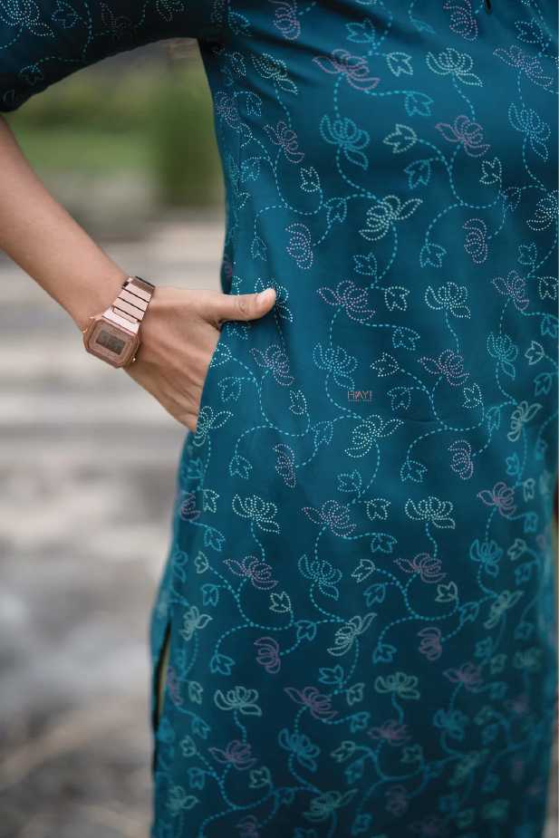 Teal Lotus and Blossom Viscose Printed Kurta