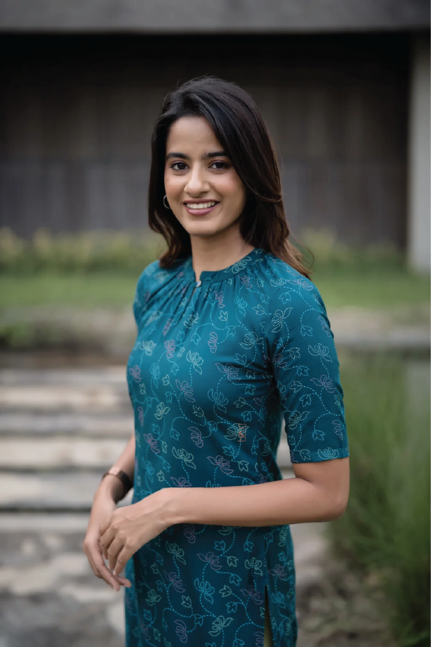 Teal Lotus and Blossom Viscose Printed Kurta