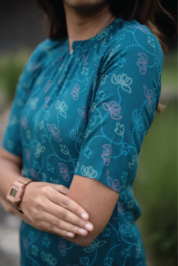 Teal Lotus and Blossom Viscose Printed Kurta