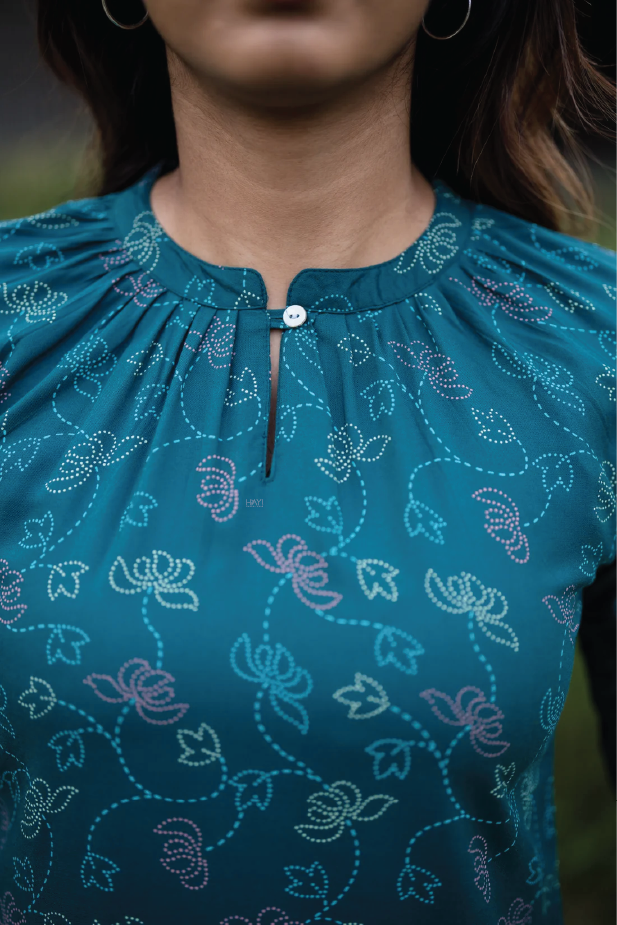 Teal Lotus and Blossom Viscose Printed Kurta