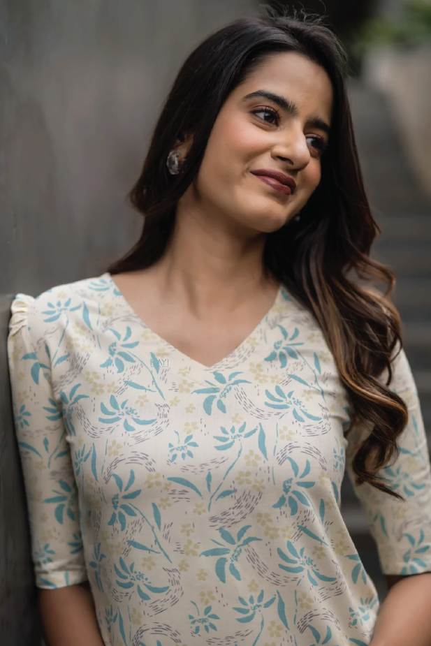 Beige Oak Feather Viscose Printed Kurta