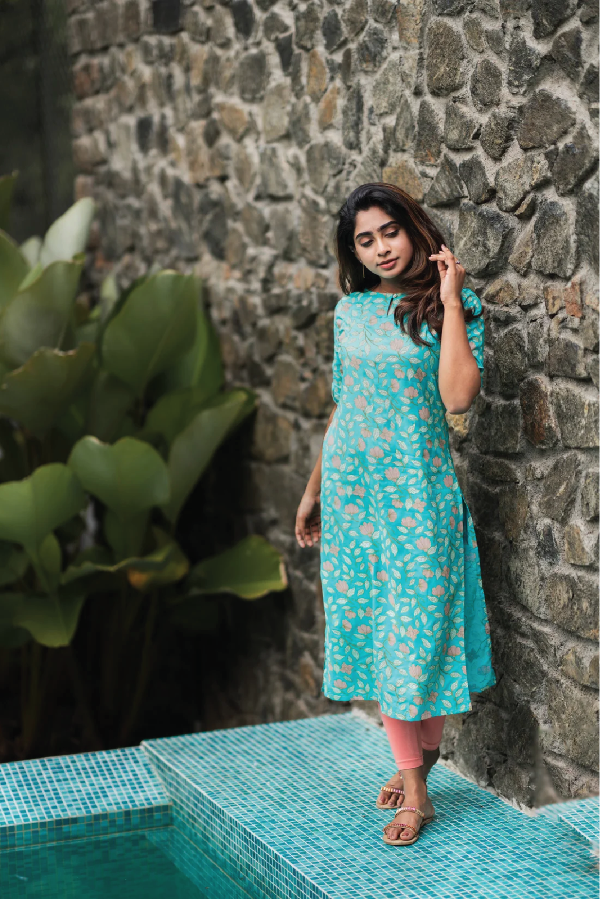 Floral Teal Oasis Breezy Viscose Printed Kurta